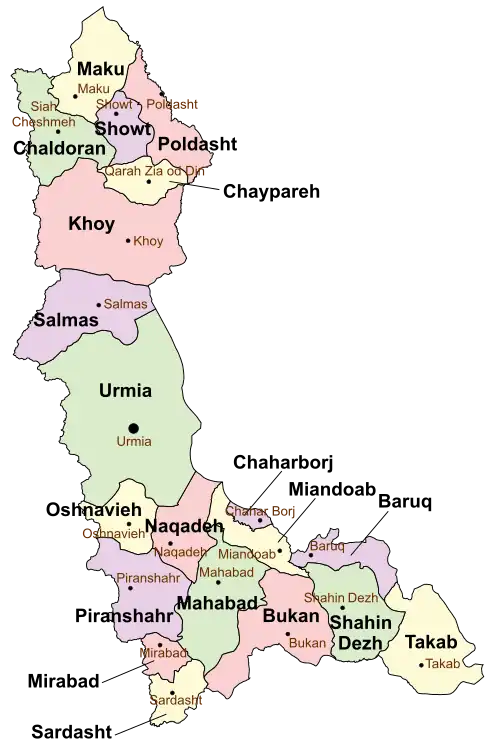 Location of Chaldoran County in West Azerbaijan province (top, green)