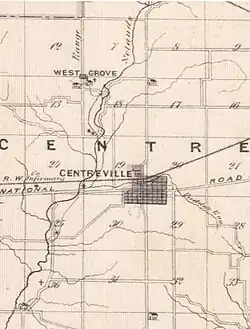 Excerpt of 1876 county map showing West Grove laying NW of Centerville