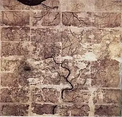 Image 52An early Western Han dynasty (202 BC – 9 AD) silk map found in tomb 3 of Mawangdui Han tombs site, depicting the Kingdom of Changsha and Kingdom of Nanyue in southern China (note: the south direction is oriented at the top, north at the bottom). (from History of cartography)