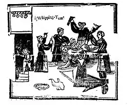 One man holds down a woman while another is about to thrash her; various others are looking on in alarm