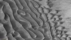 Close-up of dunes on floor of Proctor crater, as seen by CTX camera on Mars Reconnaissance Orbiter. This is an enlargement of part of previous image.
