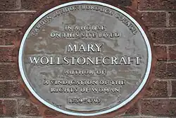 Brown plaque for Wollstonecraft at her final home, in Camden