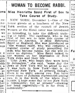 1904 article reporting Henrietta Szold's intention to pursue rabbinical studies without ordination