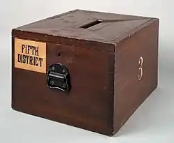 A wooden ballot box used in the northeastern United States c. 1870