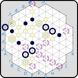 (A) Potential moves for the black ring at E4 are shown with broken rings. Note that K10 is not a possible move, as J9 is the first open space after passing over existing markers; similarly, E1 is not possible. Also, C2 and A4 are blocked by rings.