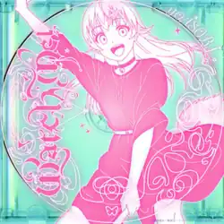 An illustration of Witch Watch's character Nico Wakatsuki, as well as the song's title and the artist name, in pink and white against the aquamarine jewel case