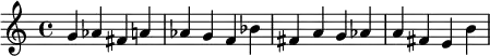 \relative c'' {
   g as fis a
   as g f bes
   fis a g as
   a fis e b'
}