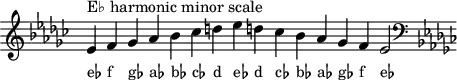 \header { tagline = ##f }
scale = \relative b { \key es \minor \omit Score.TimeSignature
es^"E♭ harmonic minor scale" f ges as bes ces d es d! ces bes as ges f es2 \clef F \key es \minor }
\score { { << \cadenzaOn \scale \context NoteNames \scale >> } \layout { } \midi { } }
