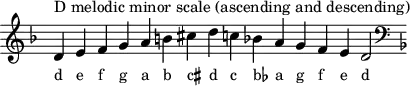 
\header { tagline = ##f }
scale = \relative b { \key d \minor \omit Score.TimeSignature
  d^"D melodic minor scale (ascending and descending)" e f g a b cis d c! bes! a g f e d2 \clef F \key d \minor }
\score { { << \cadenzaOn \scale \context NoteNames \scale >> } \layout { } \midi { } }

