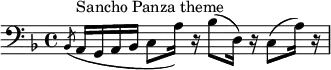 \relative c { \clef bass \key d \minor \slashedGrace bes8( a16^"Sancho Panza theme" g a bes c8 a'16) r bes8( d,16) r c8( a'16) r }