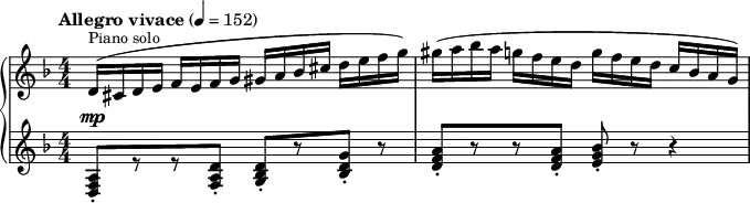 
{   \new PianoStaff << \new Staff \relative d' {
    \clef "treble" \numericTimeSignature\time 4/4 \key d \minor | % 1
    \tempo "Allegro vivace" 4=152 \stemUp d16 ( [ ^\markup{ \small
        {Piano solo} } \stemUp cis16 \stemUp d16 \stemUp e16 ] \stemUp f16
    [ \stemUp e16 \stemUp f16 \stemUp g16 ] \stemUp gis16 [ \stemUp a16
    \stemUp bes16 \stemUp cis16 ] \stemDown d16 [ \stemDown e16
    \stemDown f16 \stemDown g16 ) ] | % 2
    \stemDown gis16 ( [ \stemDown a16 \stemDown bes16 \stemDown a16 ]
    \stemDown g16 [ \stemDown f16 \stemDown e16 \stemDown d16 ]
    \stemDown g16 [ \stemDown f16 \stemDown e16 \stemDown d16 ] \stemUp
    c16 [ \stemUp bes16 \stemUp a16 \stemUp g16 ) ] }
    \new Staff \relative d {
    \clef "treble" \numericTimeSignature\time 4/4 \key d \minor | % 1
    \stemUp <d f a>8 _. [ ^\mp r8 r8 \stemUp <f a d>8 _. ] \stemUp <g
        bes d>8 _. [ r8 \stemUp <bes d g>8 _. ] r8 | % 2
    \stemUp <d f a>8 _. [ r8 r8 \stemUp <d f a>8 _. ] \stemUp <e g bes>8
    _. r8 r4 } >> }
    