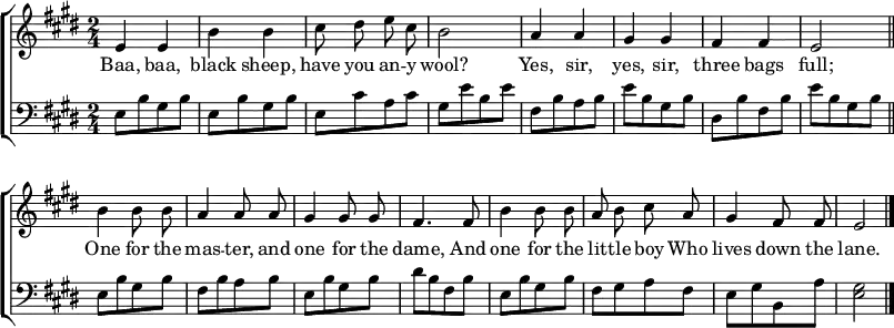 
\header { tagline = ##f }
\layout { indent = 0 line-width = #200
  \context { \Score \remove "Bar_number_engraver" }
  \context { \Voice \remove "Dynamic_engraver" }
}

global = { \key e \major \numericTimeSignature \time 2/4 \set Staff.midiInstrument = "celesta" }

right = \relative c' { \global \autoBeamOff
  e4 e | b' b | cis8 dis e cis | b2 |
  a4 a | gis gis | fis fis | e2 \bar "||"
  b'4 b8 b | a4 a8 a8 | gis4 gis8 gis | fis4.
  fis8 | b4 b8 b | a b cis a | gis4 fis8 fis | e2 \bar "|."
}
\addlyrics { Baa, baa, black sheep,
  have you an -- y wool?
  Yes, sir, yes, sir,
  three bags full;
  One for the mas -- ter,
  and one for the dame,
  And one for the lit -- tle boy
  Who lives down the lane. 
}

left = \relative c' { \global
  e,8\ppp [b' gis b] | e,8 [b' gis b] | e, [cis' a cis] | gis [e' b e] |
  fis, [b a b] | e [b gis b] | dis, [b' fis b] | e [b gis b] \bar "||"
  e, [b' gis b] | fis [b a b] | e, [b' gis b] | dis [b fis b] |
  e, [b' gis b] | fis [gis a fis] | e [gis b, a'] | <gis e>2 |
}

\score {
  \new ChoirStaff <<
    \new Staff = "right"
    \right
    \new Staff = "left"
    { \clef bass \left }
  >>
  \layout { }
  \midi {
    \tempo 4=112
  }
}
