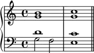 \new PianoStaff <<
\new Staff <<
\new Voice \relative c'' {
\stemUp \clef treble \key c \major \time 4/4
b1 c1
}
\new Voice \relative c'' {
\stemDown
g1 g1
}
>>
\new Staff <<
\new Voice \relative c' {
\stemUp \clef bass \key c \major \time 4/4
d1 c1
}
\new Voice \relative c' {
\stemDown
g2 f e1 \bar "||"
}
>>
>>