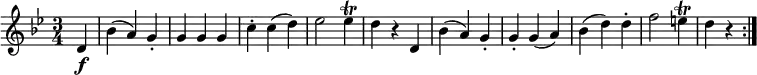 { \tempo 4 = 120 \set Score.tempoHideNote=##t \set Staff.midiInstrument = "violin" \relative d' { \key g \minor \time 3/4
\partial 4 d4 \f | bes'4( a) g-. | g4 g g | c4-. c( d) | es2 es4 \trill | d4 r d, |
bes'4( a) g-. | g4-. g( a) | bes4( d) d-. | f2 e4 \trill | d4 r \bar ":|." }}