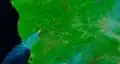 Chetco Bar Fire in Brookings effect wind on August 19, 2017, MODIS Terra 721 false color, infrared satellite image.