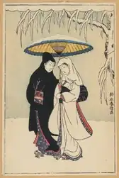 Couple under umbrella in snow, Suzuki Harunobu