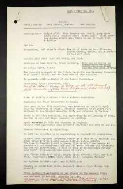 British Army military intelligence file for Austin Stack