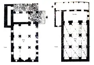 Слева план первого яруса мечети (для мужчин), справа план второго яруса (для женщин)