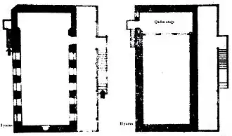 Слева план первого яруса мечети (для мужчин), справа план второго яруса (для женщин)