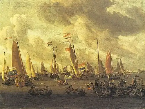 Абрахам Сторк. «Показательный бой в заливе Эй в честь Петра I1 сентября 1697 г.»Музей Амстердама