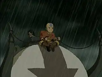 Аанг и Катара летят на Аппе через бурюв поисках Сокки и рыбака