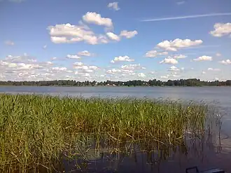 Вид на деревню Камушки с противоположного берега озера