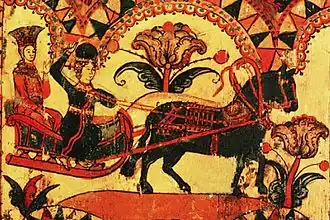 Выезд молодых. Оборотная сторона прялки. Северодвинская роспись, XVIII век