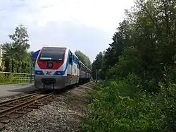 Тепловоз и вагоны на станции «Пионерская» (фото 2016 года)