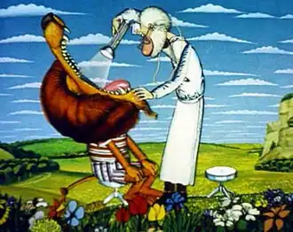 Доктор Айболит осматривает пасть льва. Кадр из 3-й серии «Варвара — злая сестра Айболита»