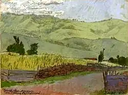 Картина худ. Е. Е. Лансере. Чечня. Аул Махкеты. Горы в сторону Воздвиженской 1912 год.