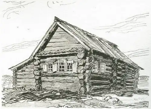 Изба в деревне Дурнево (Томская обл.), срубленная всего лишь из 6 венцов. Рисунок Е. А. Ащепкова