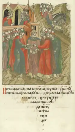 Выкуп Владимира Рюриковича у половцев (передний план); князь Изяслав садится на Киевском княжении (задний план)