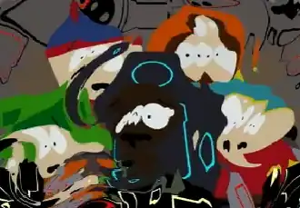 Кайл, Кенни, Стэн, Картман и Марвин влетают в Червоточину