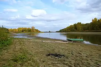 Низовье (залив) протоки Подувалье в период обмеления: вид в сторону от устья