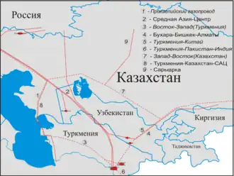Карта расположения газопроводов Казахстана, Туркменистана и Узбекистана. Газопровод «Восток — Запад» под номером 3