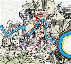 Схема владения Сутормино, принадлежащее Марии Степановой, дочери Ратиславской (выделено красным). На основе Атласа Калужского Наместничества 1782 года.