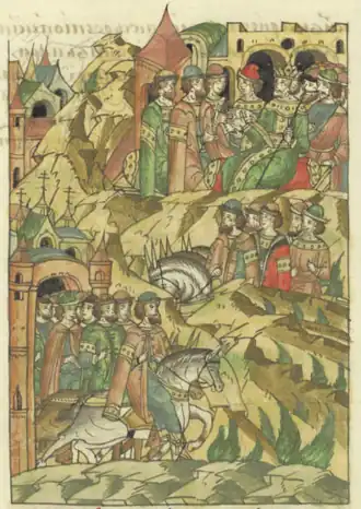 Князья Владимира Константинович Углицкий, Борис Ваилькович Ростовский, Василий Всеволодович отправляются к Батыю за ярлыком