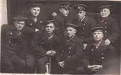 Сын Константин Александрович Кривчиков (во 2-м ряду второй справа) с моряками ЧФ. 1941 г. Одесса.