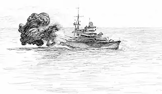 Линкор «Конте ди Кавур» ведёт огонь из кормовых орудий главного калибра