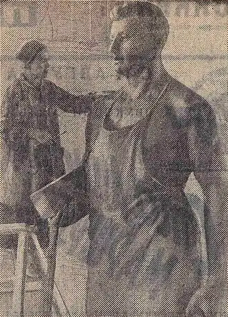 Л. И. Ефимова (Шулик) работает над скульптурой «Плотник»