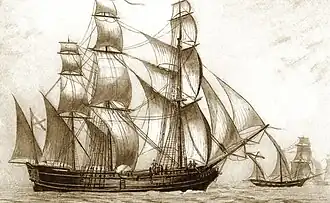 Фрегат на гравюре неизвестного художника XVIII века