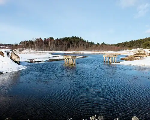 Опоры разрушенного моста через реку Пуя близ деревни Палкино
