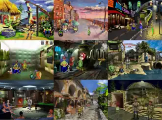 Коллаж серии игр «Петька». Верхний ряд: 1-3 части, средний ряд: 4-6 части, нижний ряд: 7-9 части