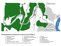 План деревни Сутормино и окрестностей. Показаны основные достопримечательности. Схема составлена на момент 1984 года.