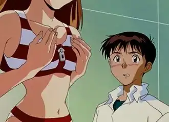 Синдзи Икари и Аска Лэнгли Сорью в бассейне разговаривают о тепловом расширении. Аска одета в купальник, что является элементом фансервиса