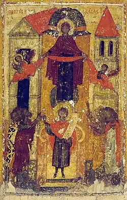 Покров Богоматери. Икона 1360-х годов из Покровского монастыря в Суздале. Собрание Государственной Третьяковской галереи. Изображение плата в руках Богоматери, а также фигура святого Романа Сладкопевца традиционно считаются признаком «среднерусского» варианта иконографии Покрова.