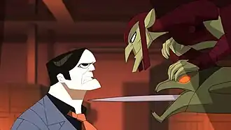 Зелёный гоблин удерживает Молотоглавана складе