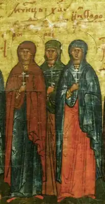 Святые мученицы Минодора, Митродора и Нимфодора. Икона. Русь. Начало XVII века. Церковно-археологический кабинет Московской духовной академии