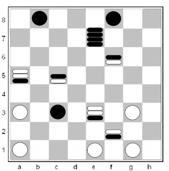 Комбинация из блиц-партии Д.Солдатов - А.Левит   1.a5-b6 c5:a7 2.g3-h4 a7:c5 3.h4-g5 f6:h4 4.f2-g3 h4:d4 5.g1-h2 d4:f2 6.h2:f4:d2:b4:d6