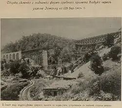 Общий вид виадука, фермы среднего пролета на подмостьях устроенных с внешней стороны быков